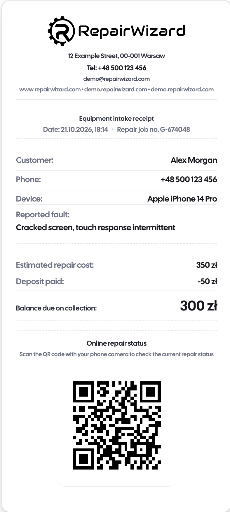 Repair intake document generated by RepairWizard